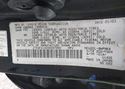 2003 Toyota Highlander Limited V6/V6 z USA, uszkodzony, nr VIN JTEGF21A330097890